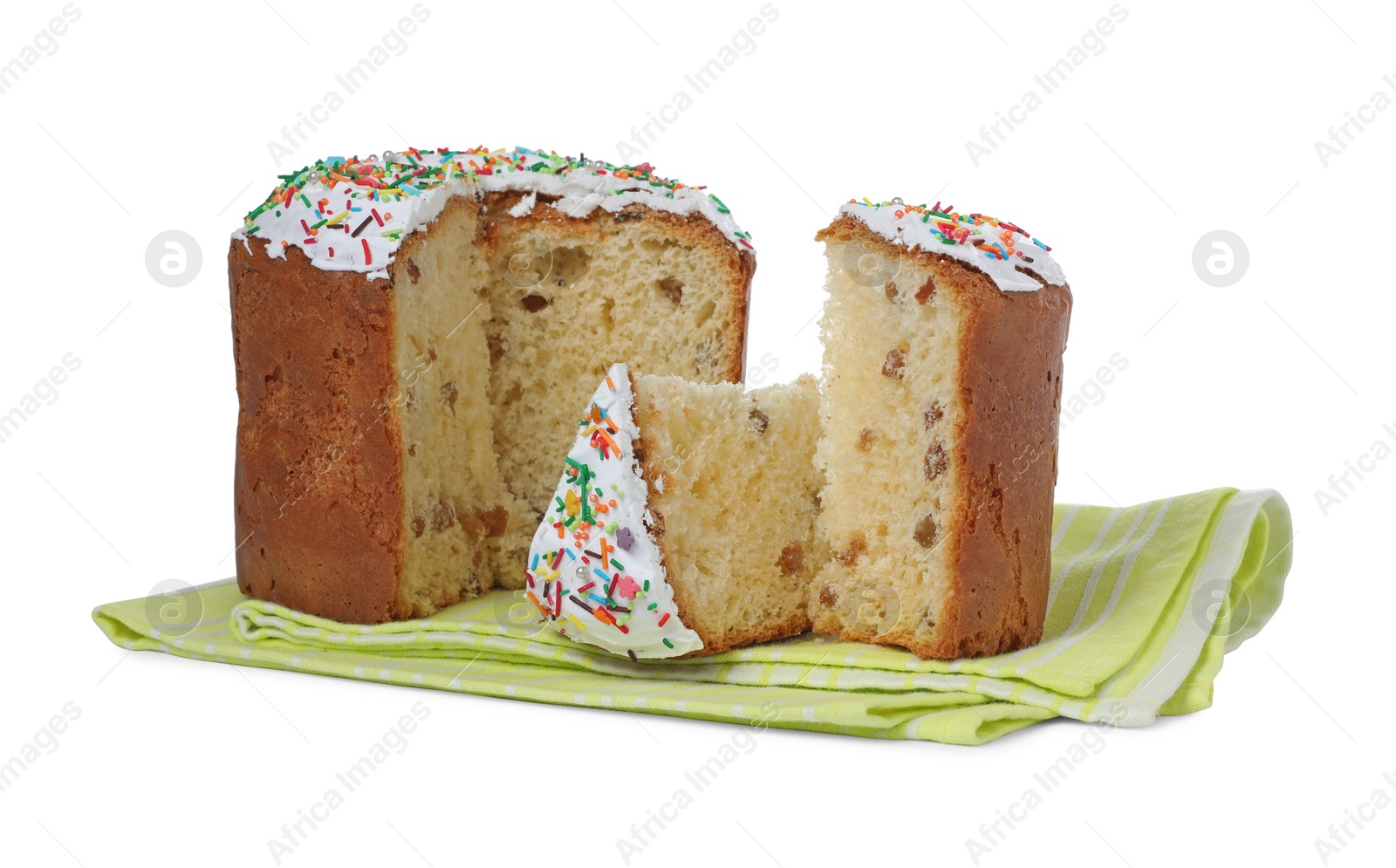 Photo of Traditional Easter cake with sprinkles on white background