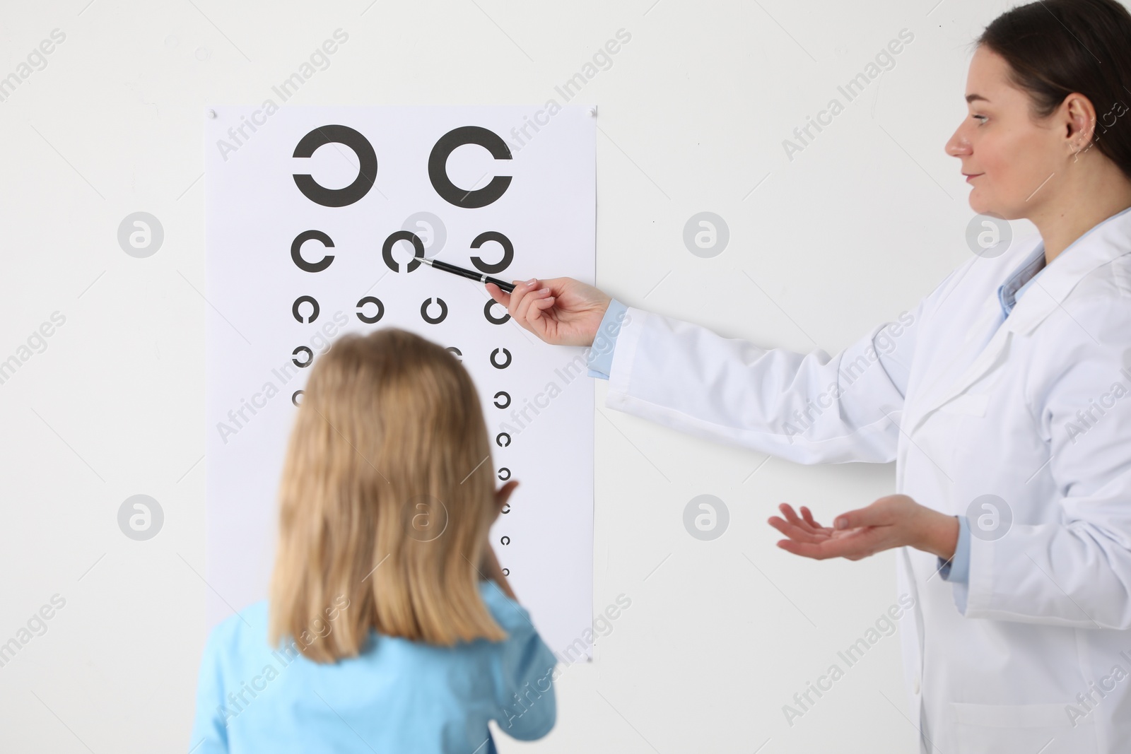 Photo of Ophthalmologist testing little girl's vision in clinic