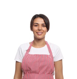 Photo of Young woman in red striped apron on white background