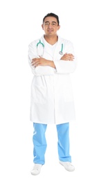 Full length portrait of male Hispanic doctor isolated on white. Medical staff