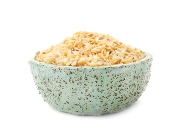 Bowl of granulated dry garlic on white background