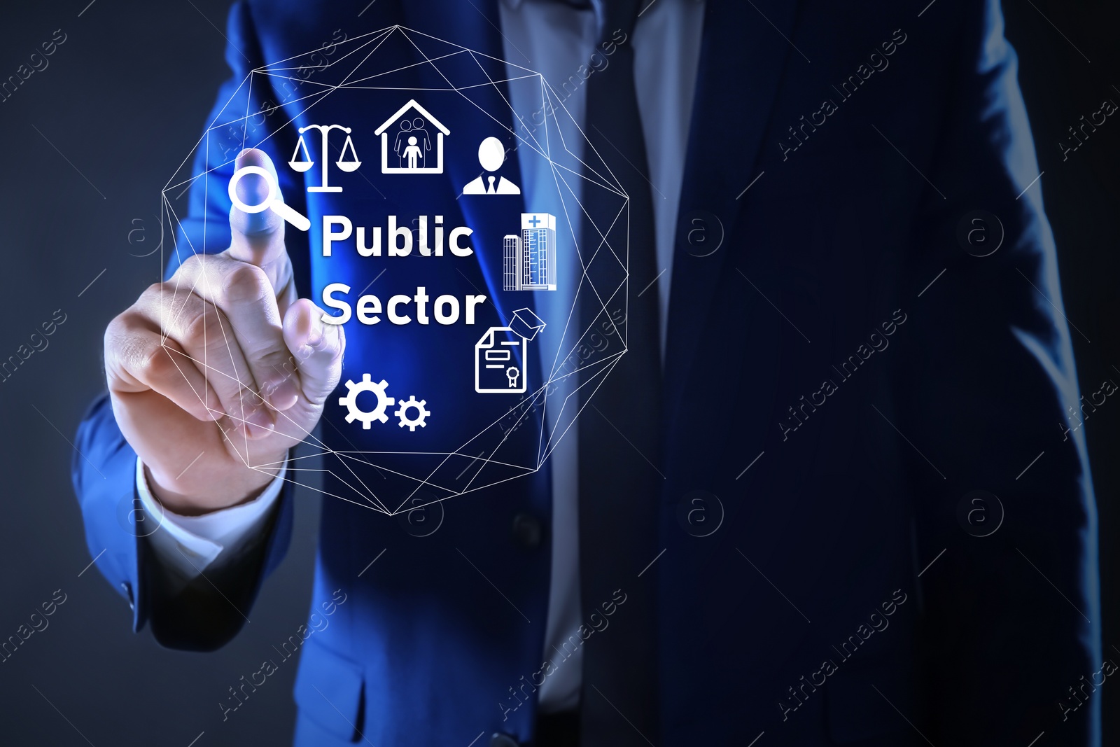 Image of Public Sector concept. Man pointing at virtual screen with different icons on blue background, closeup