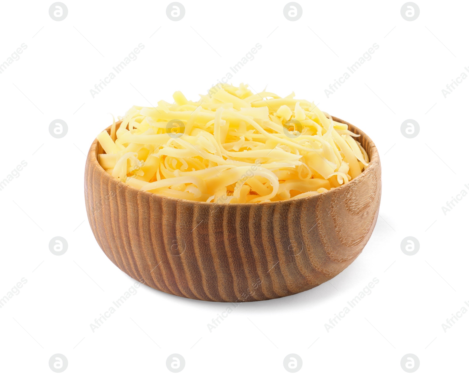 Photo of Tasty grated cheese in bowl isolated on white