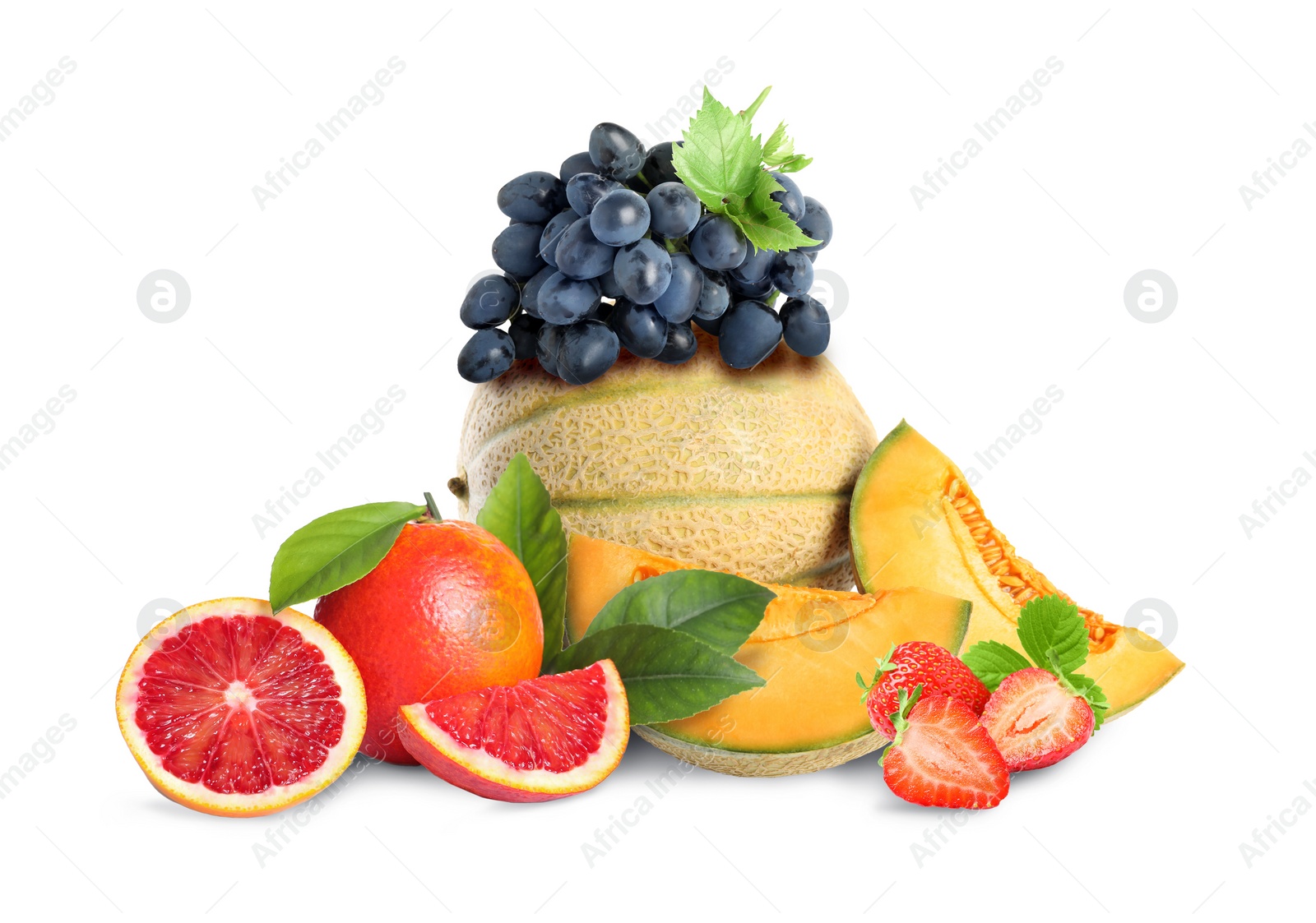 Image of Many different fresh fruits on white background