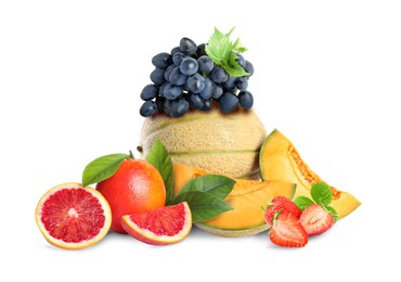 Image of Many different fresh fruits on white background