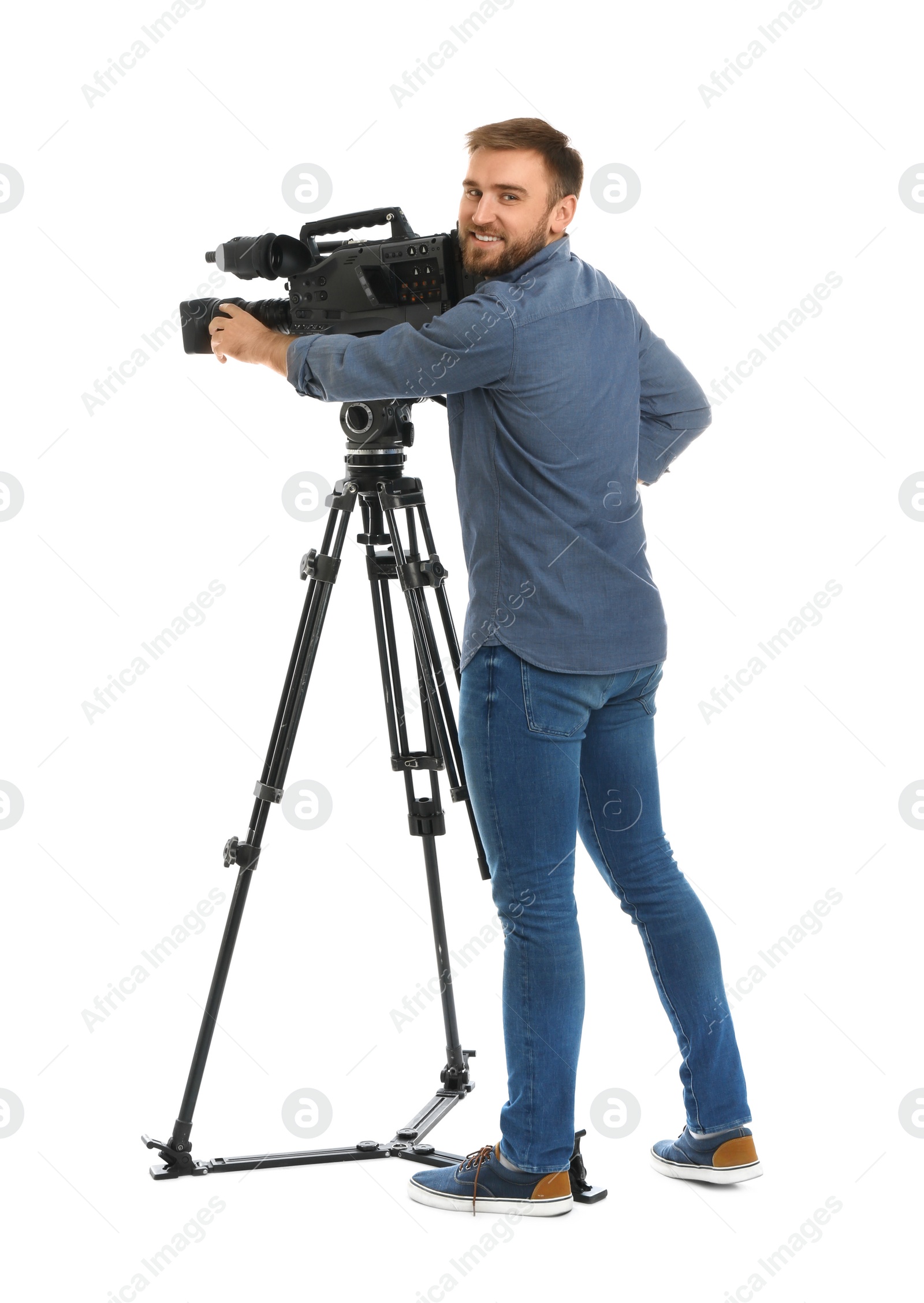 Photo of Operator with professional video camera on white background