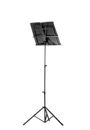 Note stand with music sheets on white background