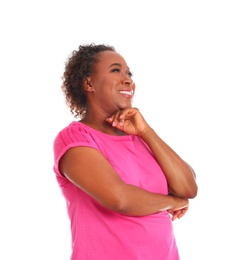 Portrait of happy African-American woman on white background