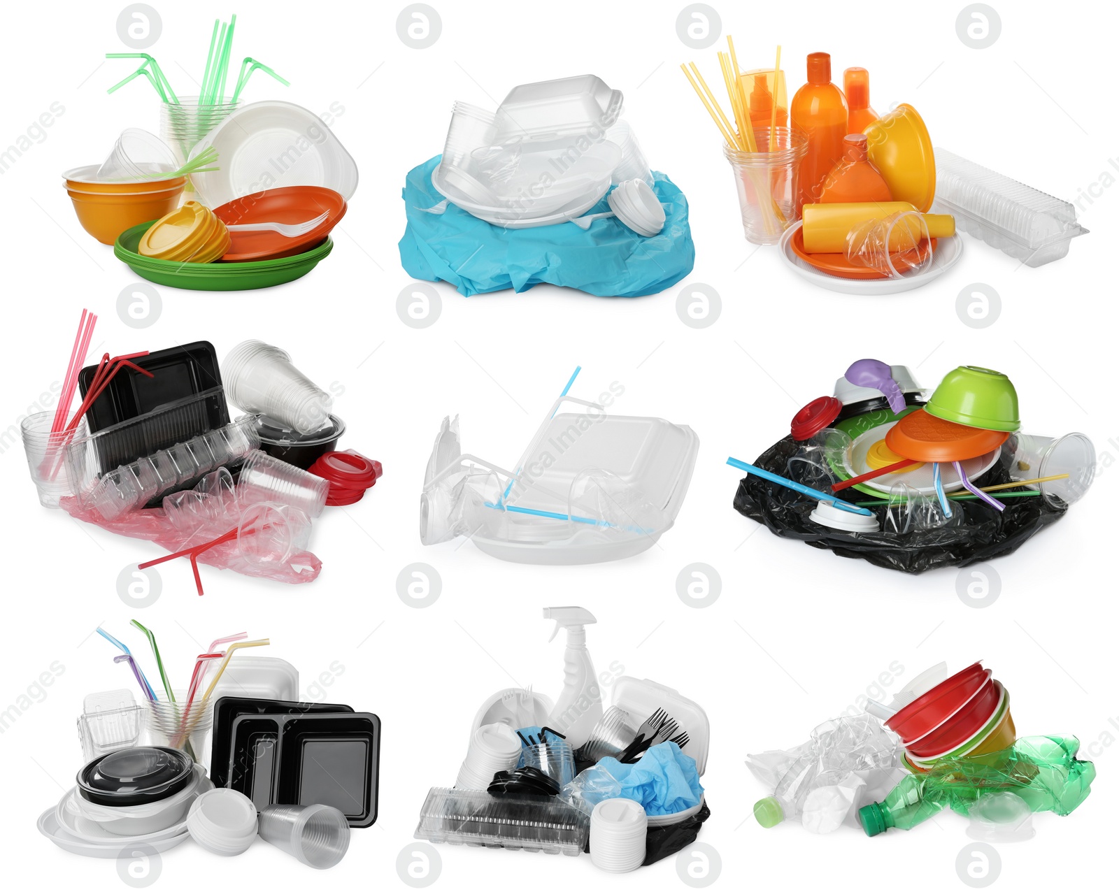 Image of Set with different plastic items on white background