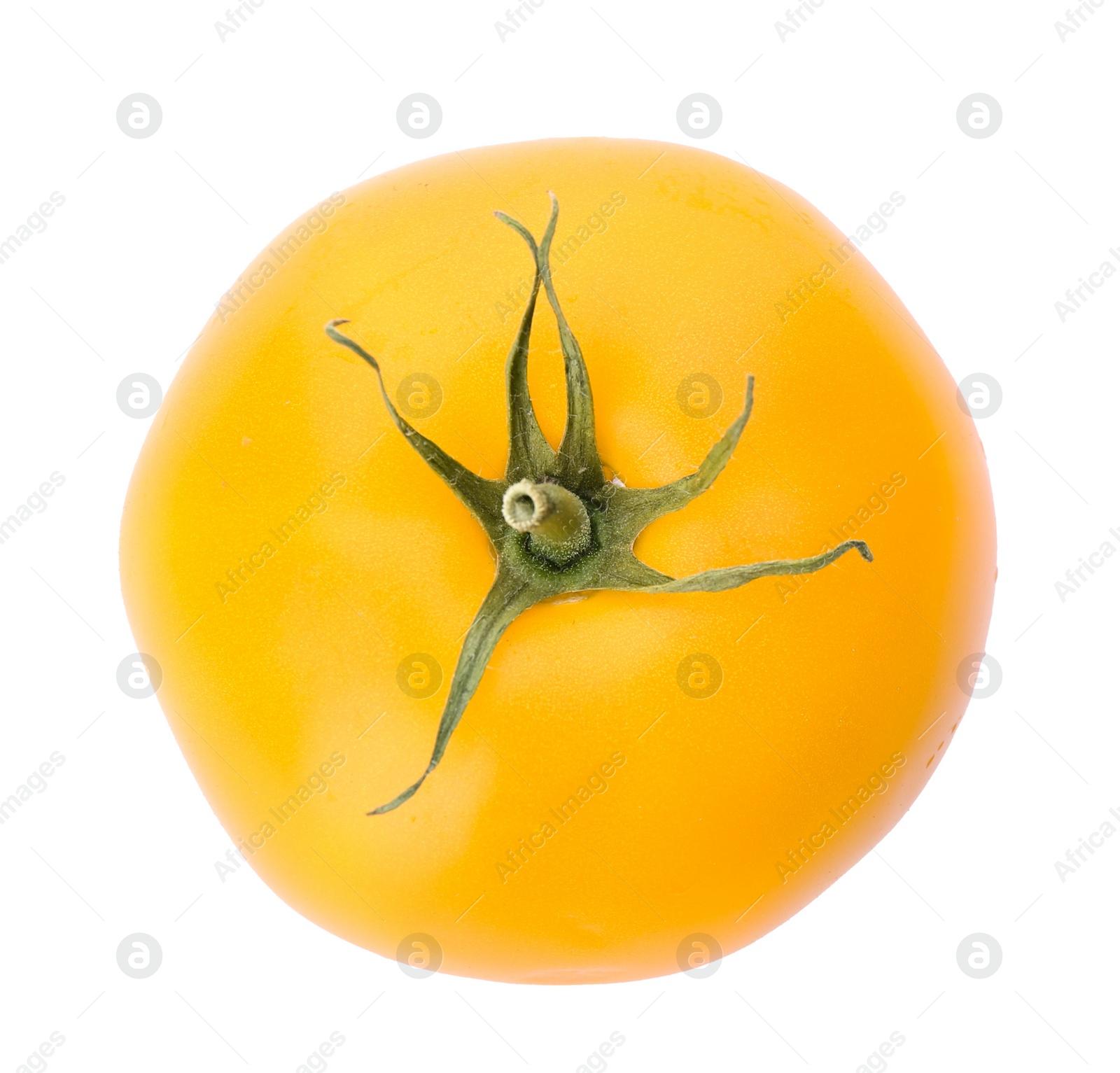 Photo of Delicious ripe yellow tomato isolated on white, top view