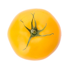 Photo of Delicious ripe yellow tomato isolated on white, top view