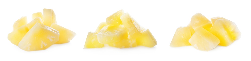 Image of Set of canned pineapple pieces on white background, banner design