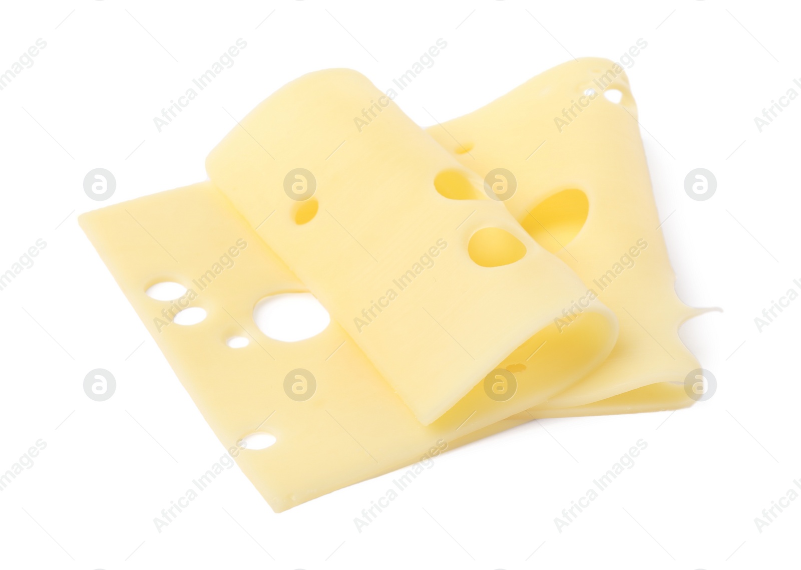 Photo of Slices of tasty fresh cheese isolated on white