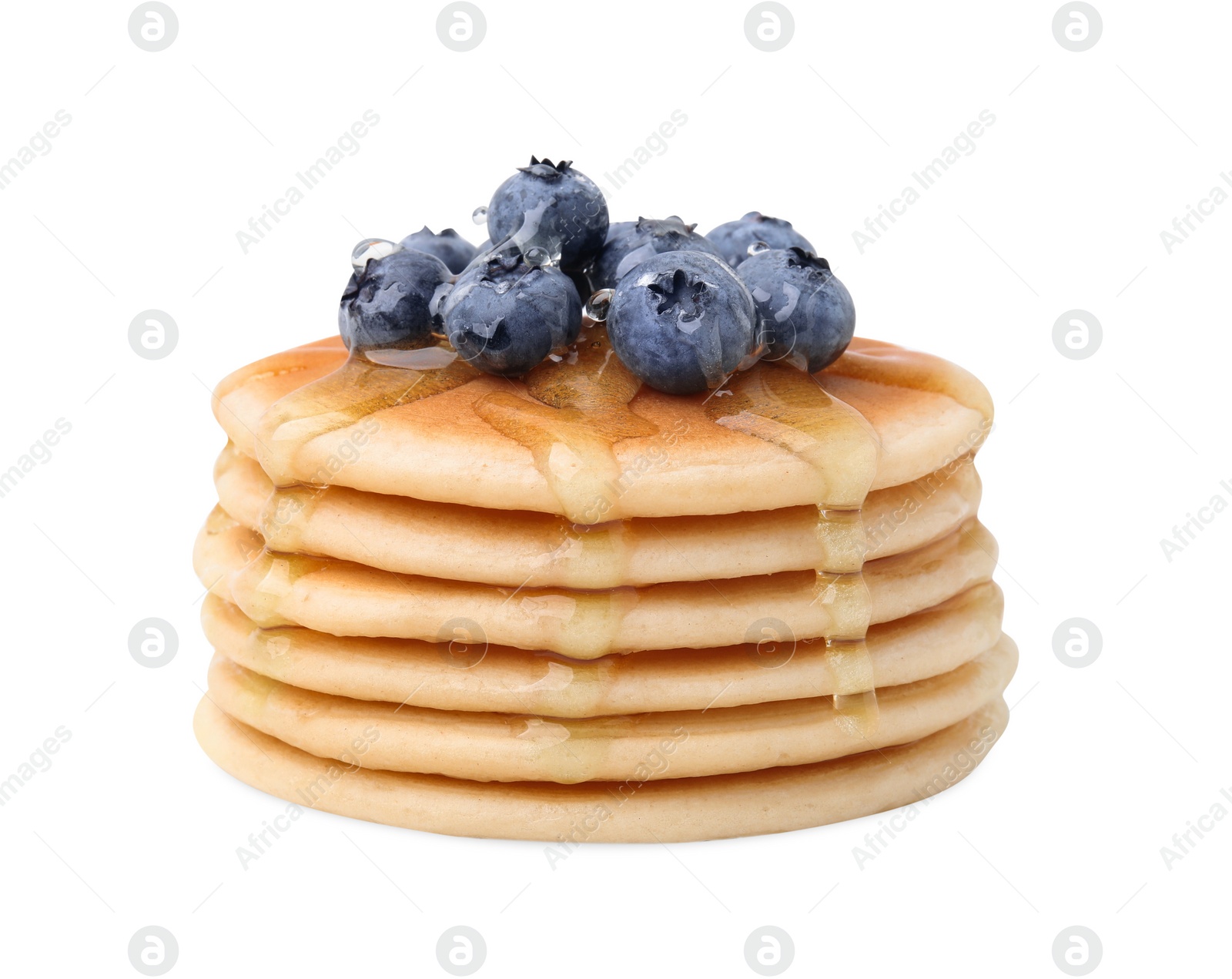 Photo of Delicious pancakes with blueberries and honey isolated on white