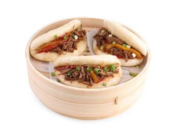 Delicious gua bao in bamboo steamer isolated on white