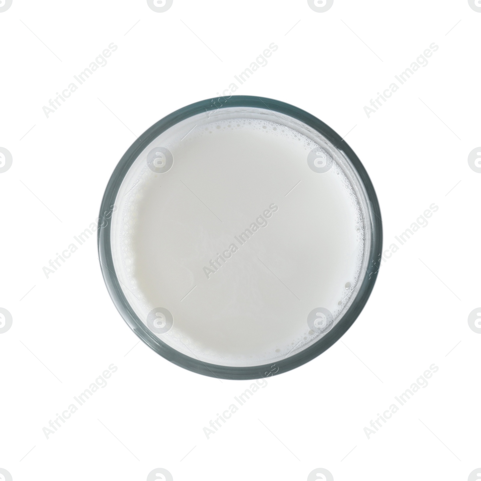 Photo of Glass of fresh milk isolated on white, top view