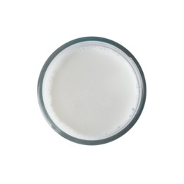 Glass of fresh milk isolated on white, top view