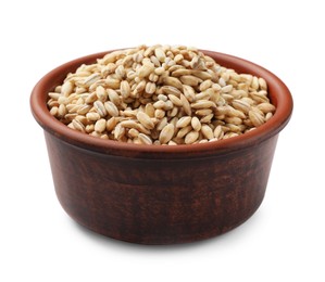 Dry pearl barley in bowl isolated on white