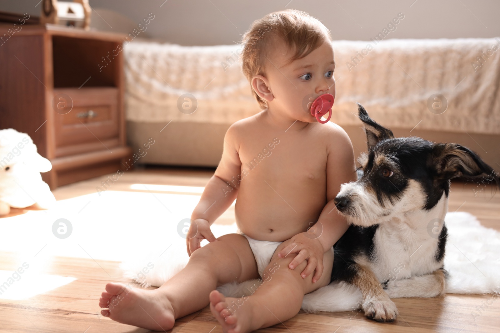 Photo of Adorable baby with pacifier and cute dog on faux fur rug at home, space for text