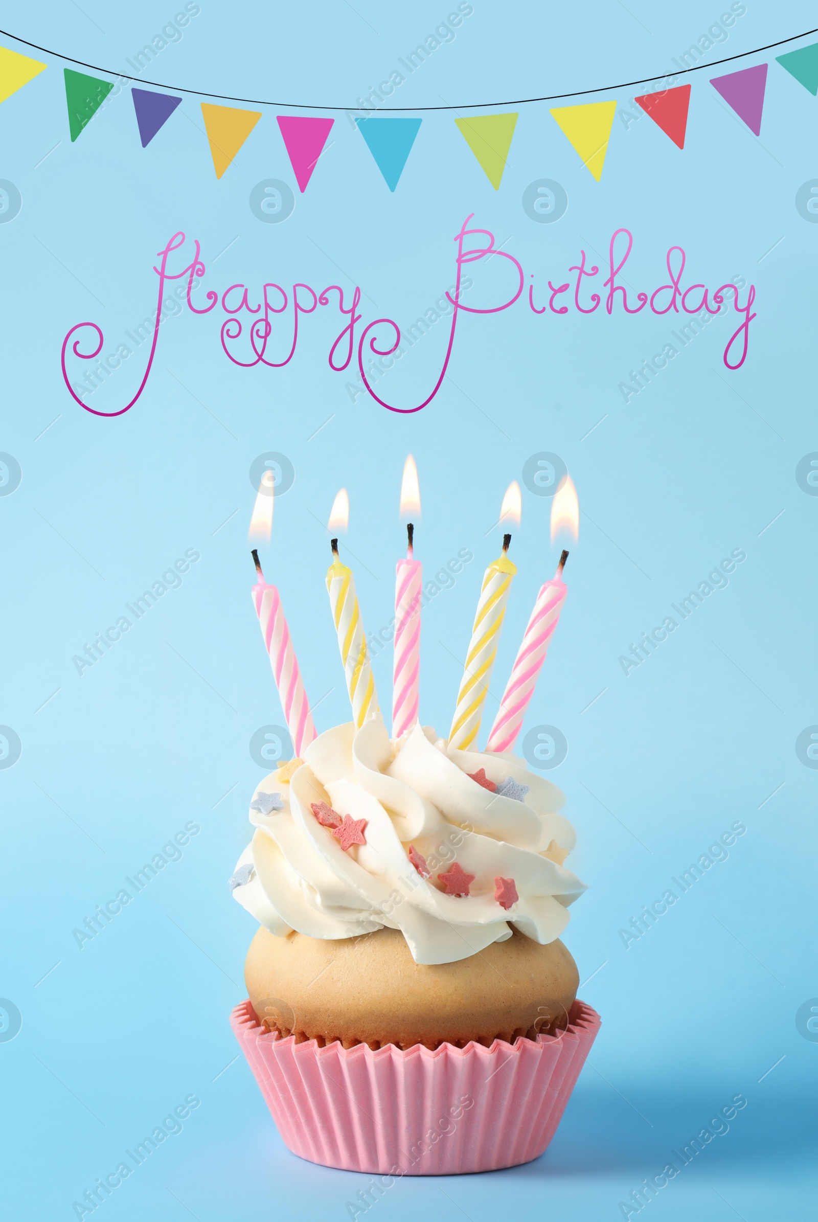 Image of Text Happy Birthday, delicious cupcake with candles and party decor on light blue background