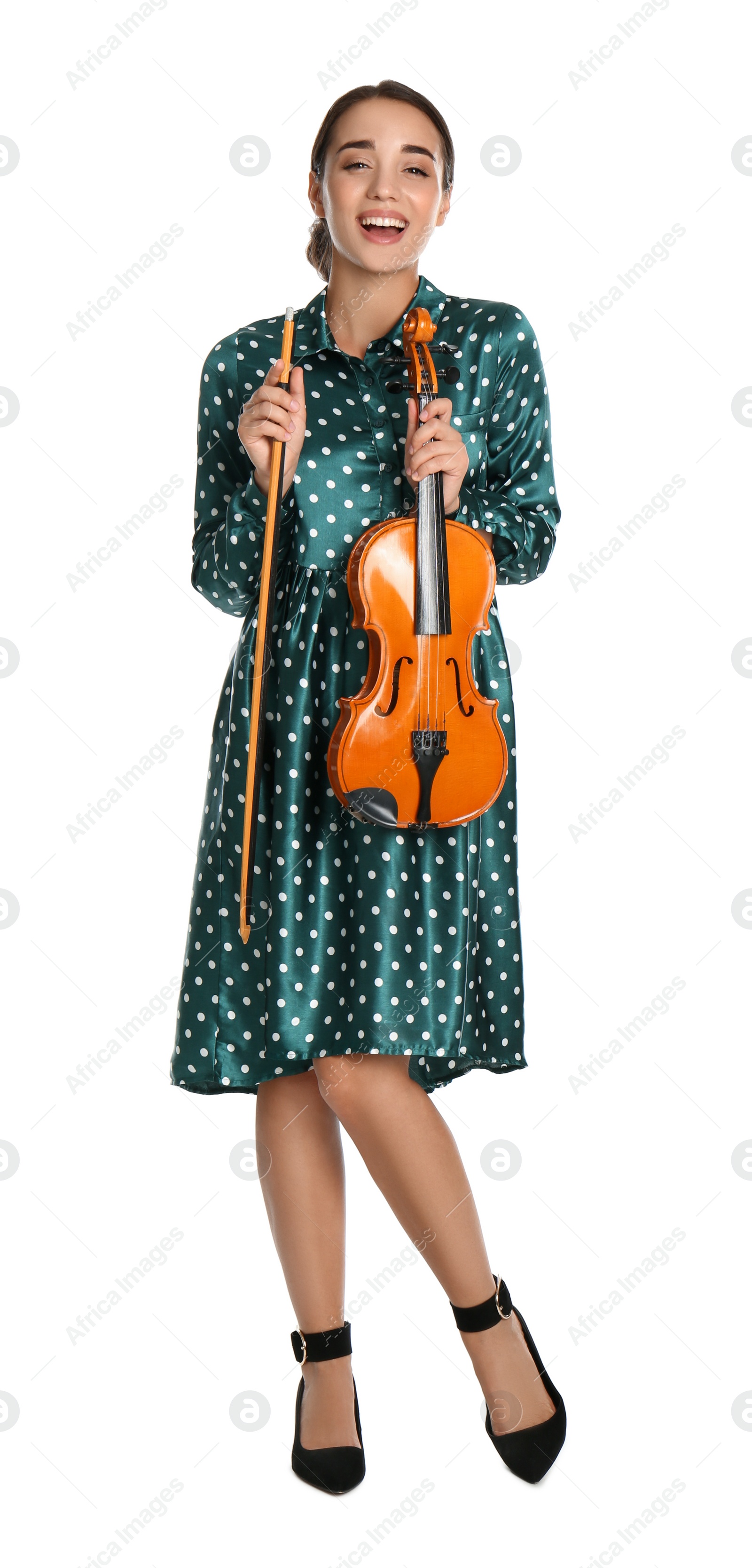 Photo of Beautiful woman with violin on white background