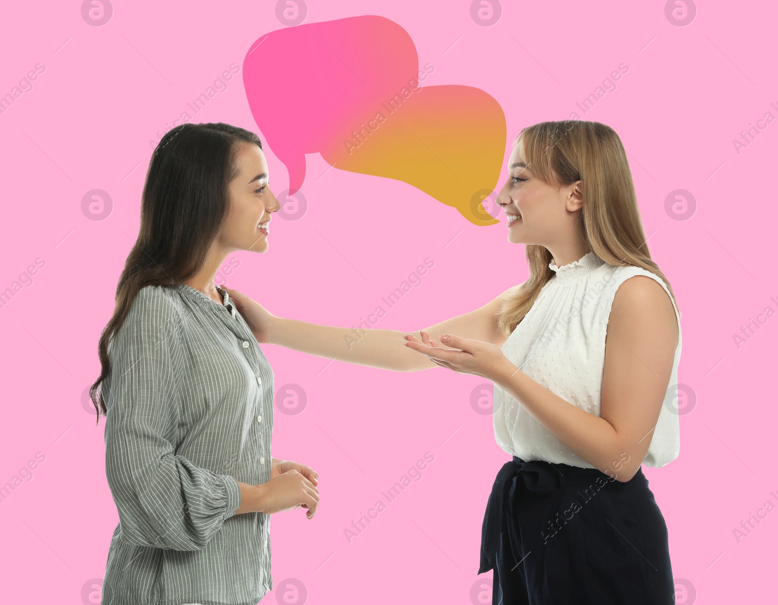 Image of Young women talking on pink background. Dialogue illustration with speech bubbles