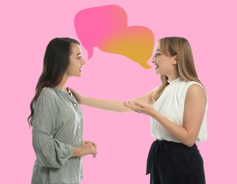 Young women talking on pink background. Dialogue illustration with speech bubbles
