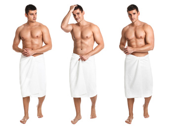 Image of Collage of man with sexy body on white background