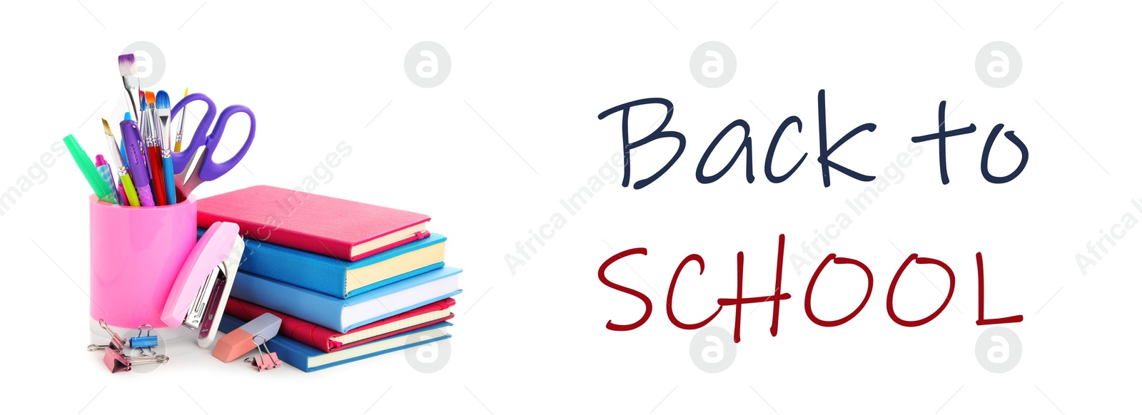 Image of Text Back To School and different stationery on white background. Banner design