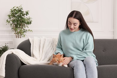 Beautiful woman petting cute cat on sofa at home