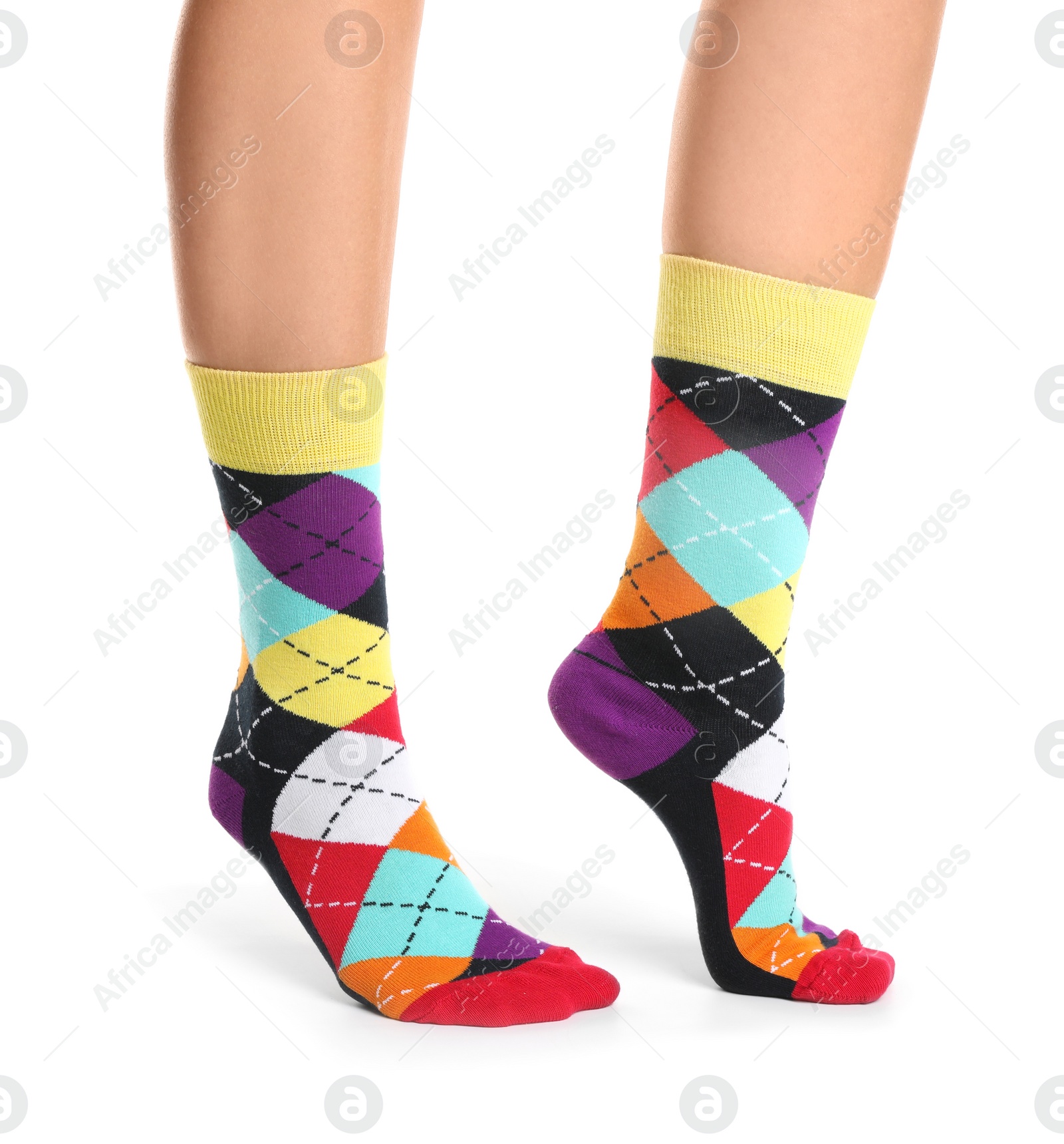 Photo of Woman in stylish socks on white background, closeup