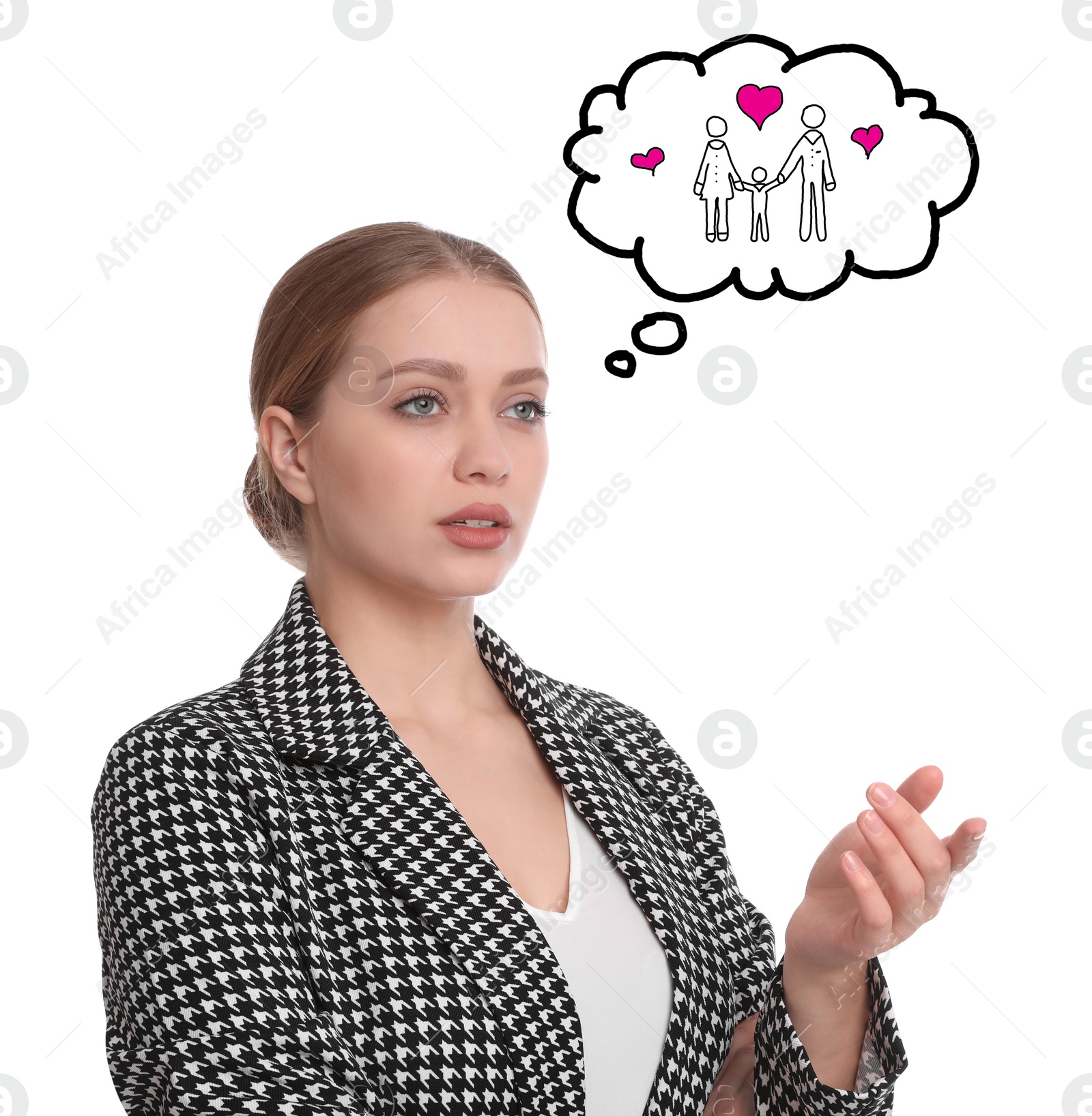 Image of Businesswoman dreaming about family on white background. Concept of balance between life and work