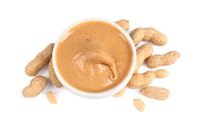 Delicious nut butter and peanuts isolated on white, top view