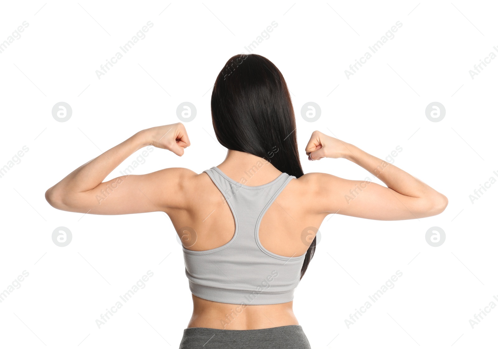 Photo of Woman with healthy back on white background. Visiting orthopedist