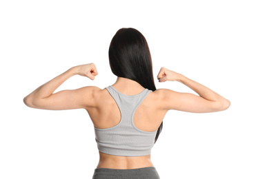 Photo of Woman with healthy back on white background. Visiting orthopedist
