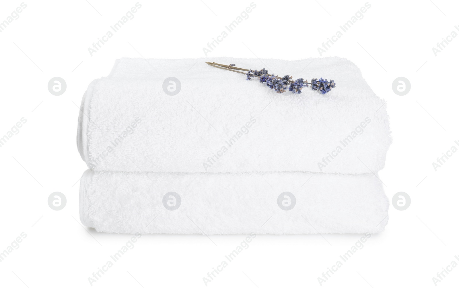 Photo of Terry towels and lavender flowers isolated on white