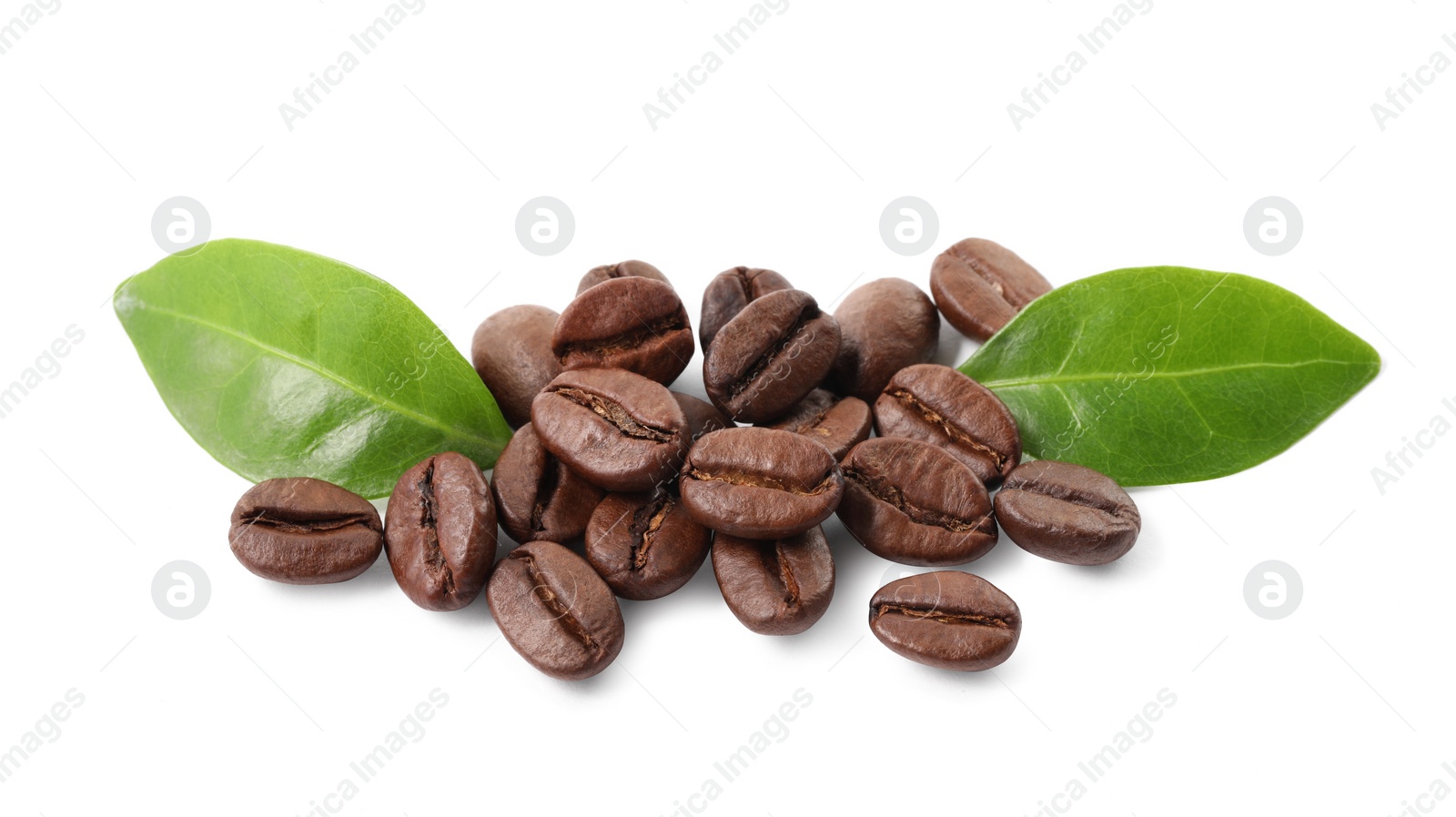 Photo of Roasted coffee beans and leaves isolated on white