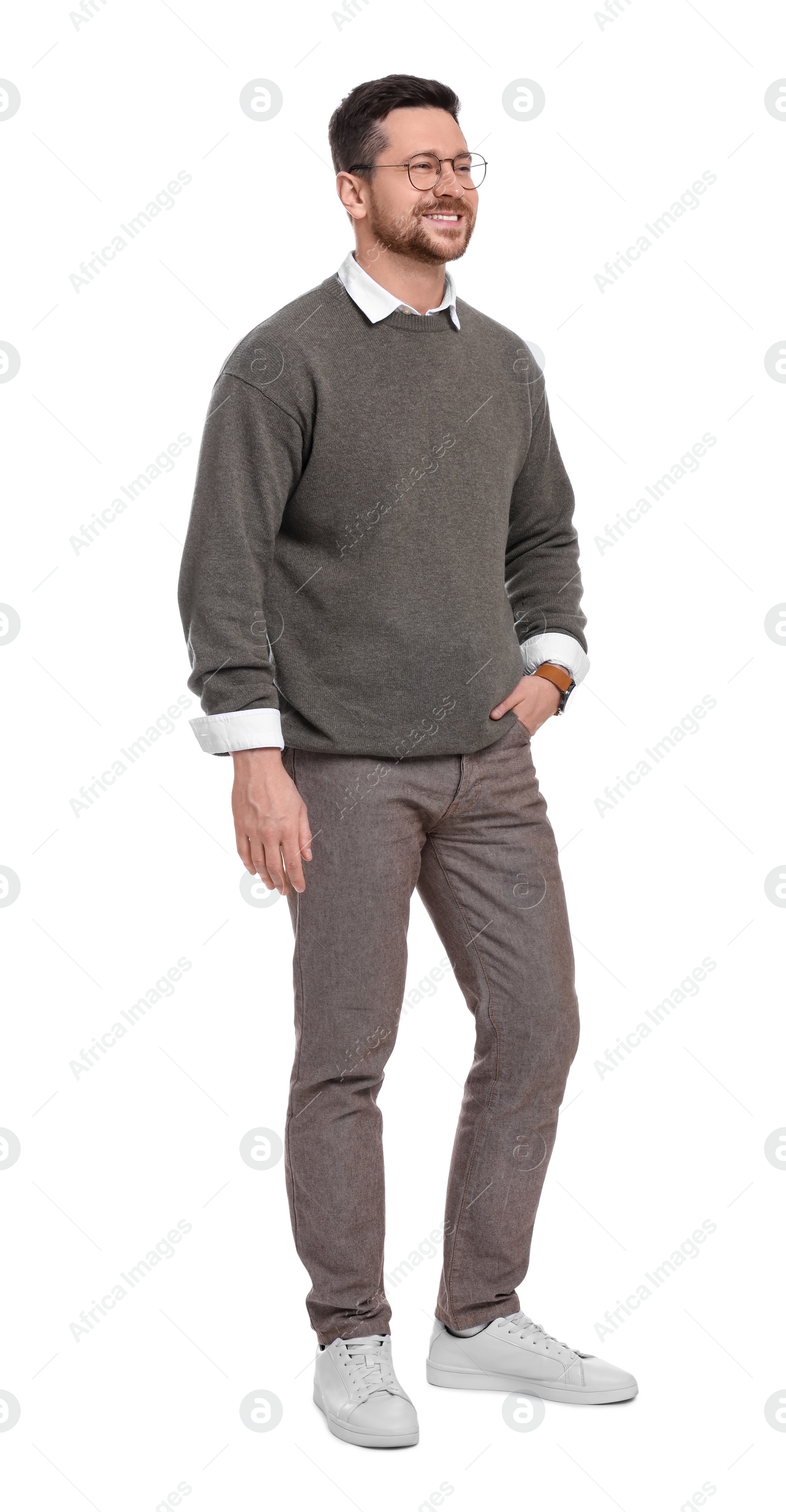 Photo of Handsome bearded businessman in eyeglasses on white background