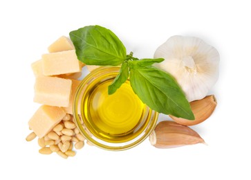Photo of Different ingredients for cooking tasty pesto sauce isolated on white, top view