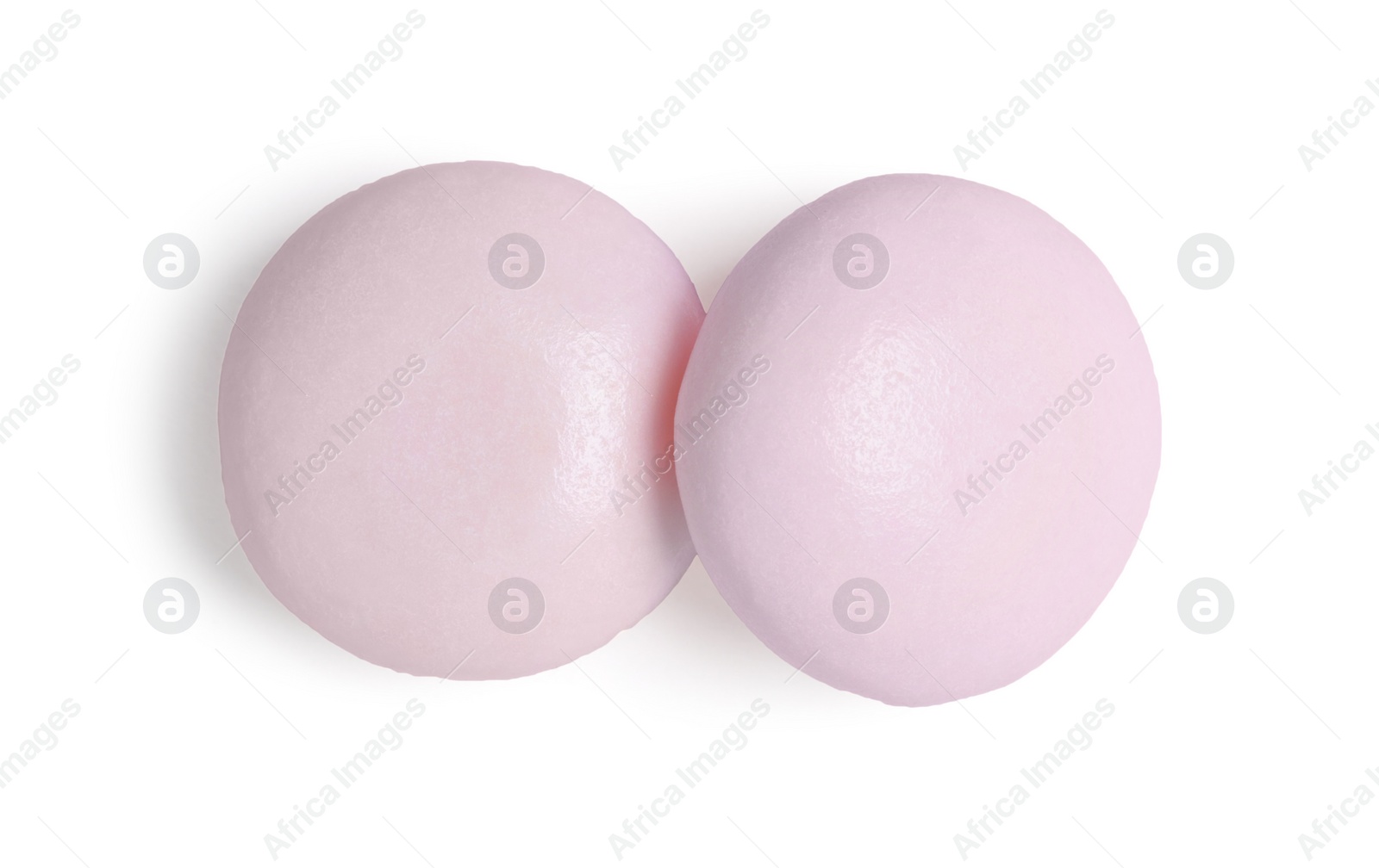 Photo of Two tasty bubble gums isolated on white, top view