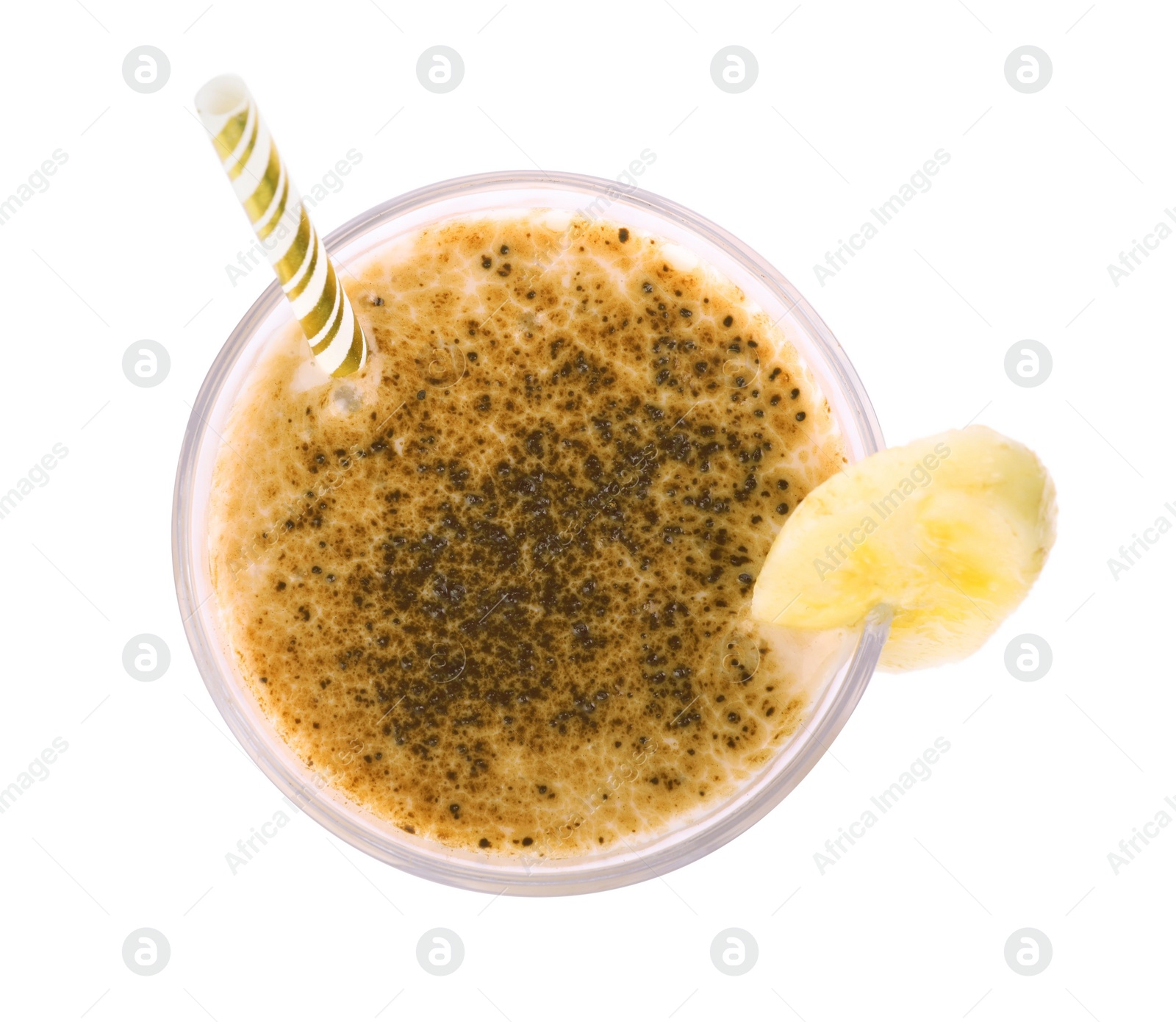 Photo of Glass of tasty banana smoothie with chocolate isolated on white, top view