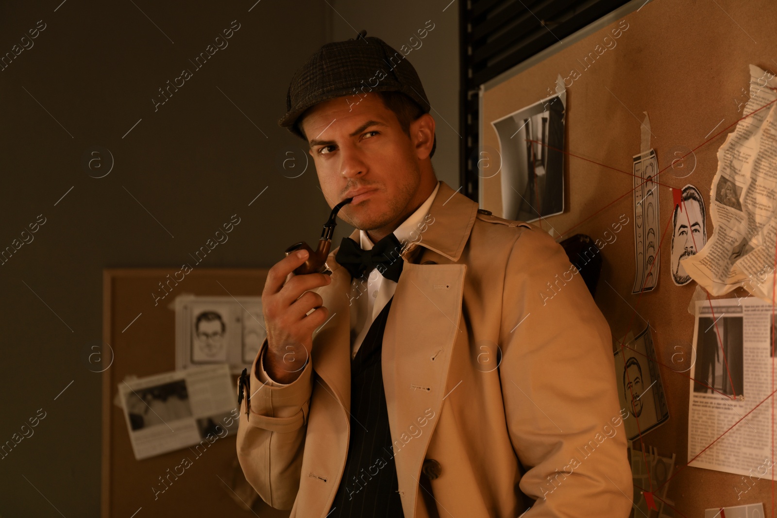 Photo of Old fashioned detective with smoking pipe near investigation board in office