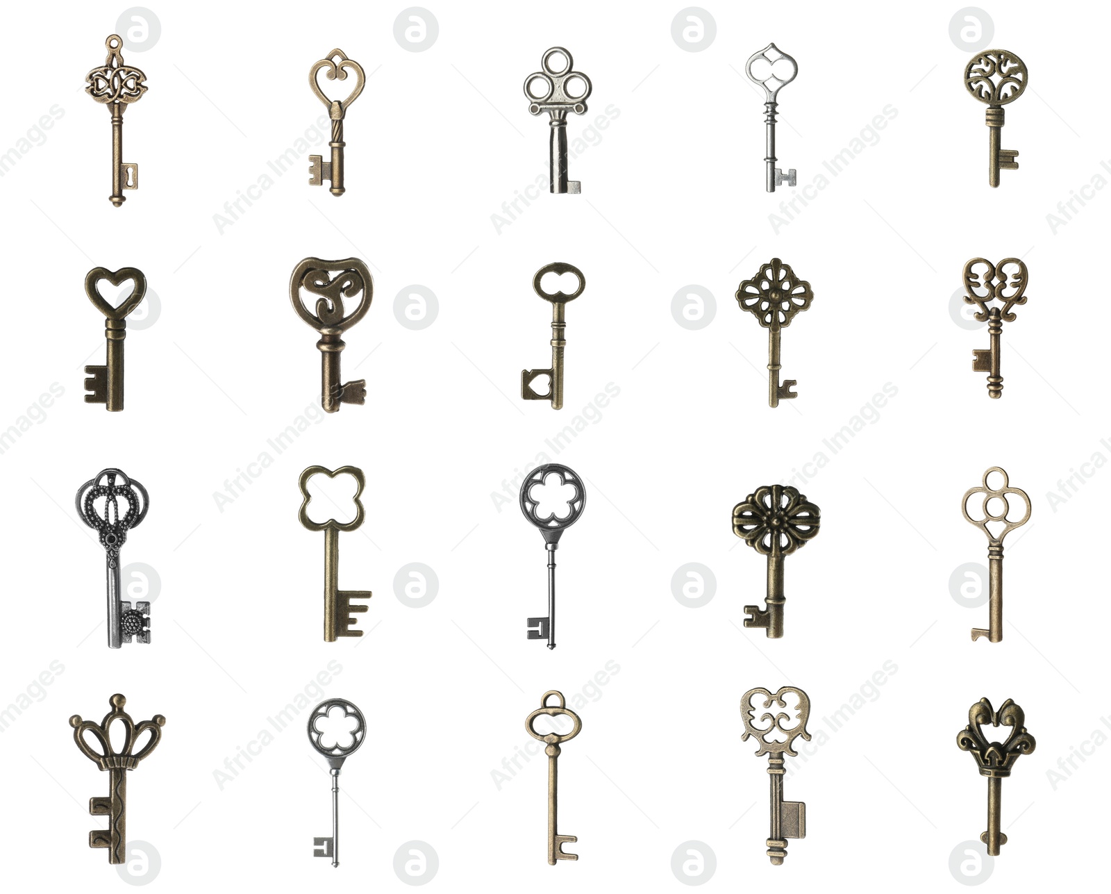 Image of Set of different ornate keys on white background