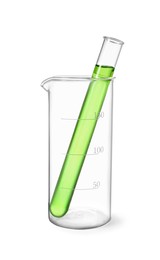 Image of Glass beaker and test tube with green liquid isolated on white