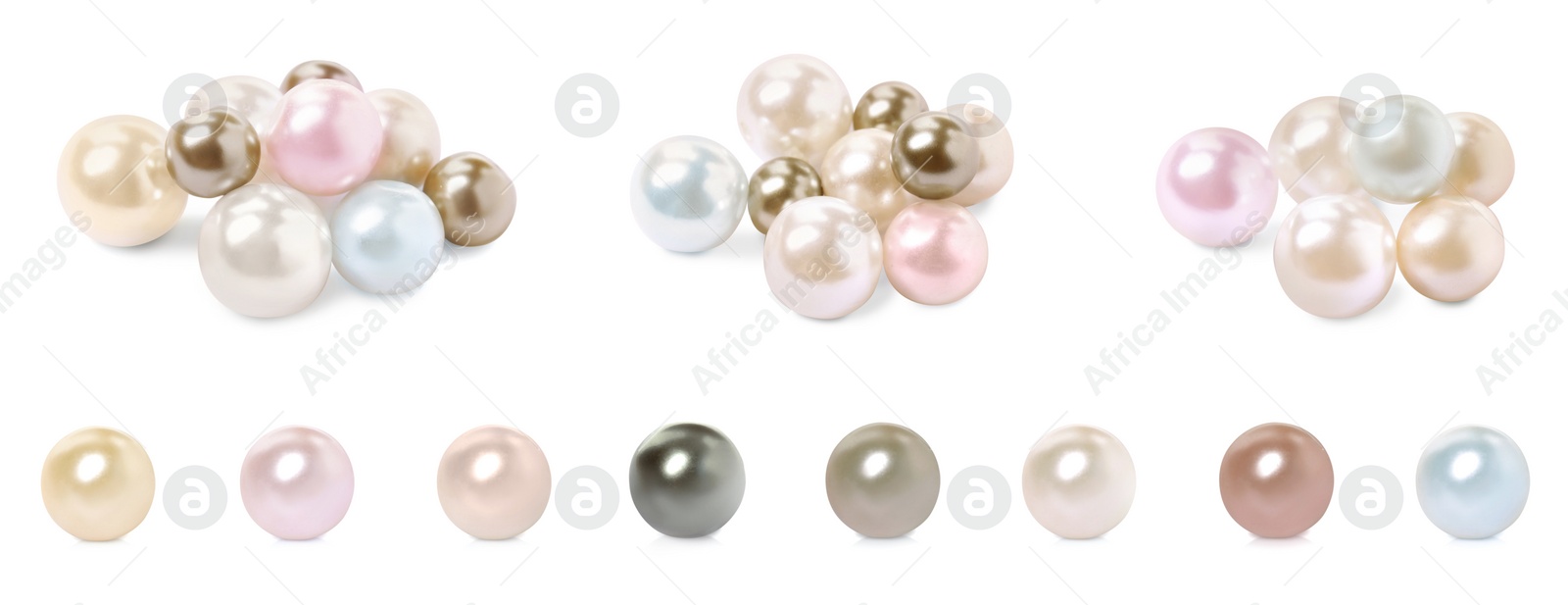 Image of Set with beautiful pearls on white background. Banner design