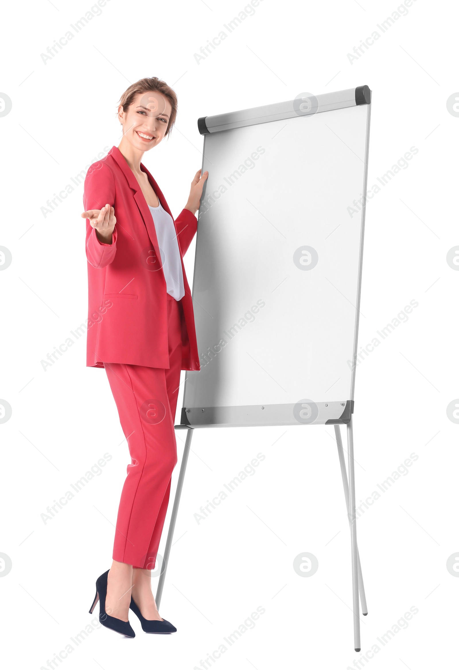 Photo of Female business trainer giving presentation on board against white background