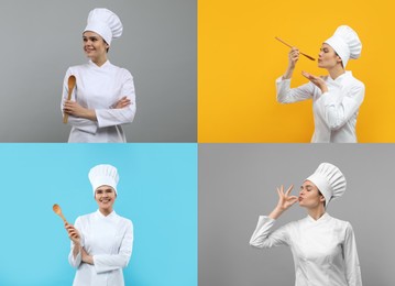 Image of Chef in uniform on different color backgrounds, collage design