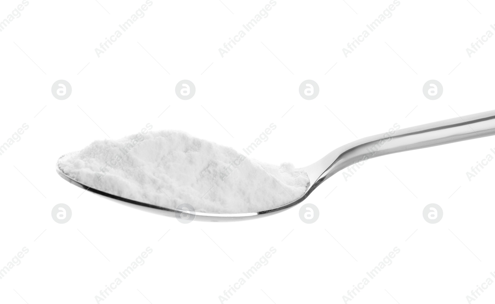 Photo of Spoon with baking soda on white background