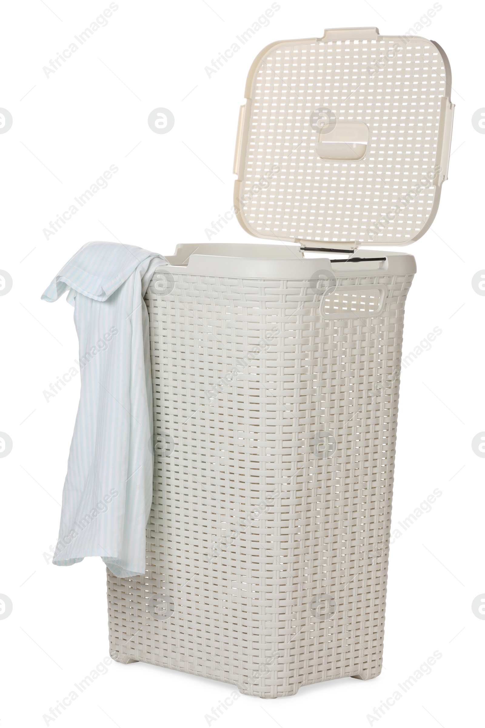 Photo of Plastic laundry basket with garment isolated on white