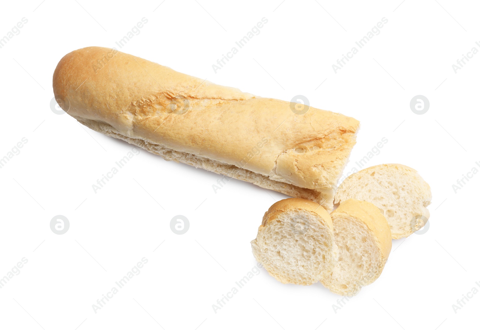 Photo of Pieces of fresh baguette isolated on white, top view